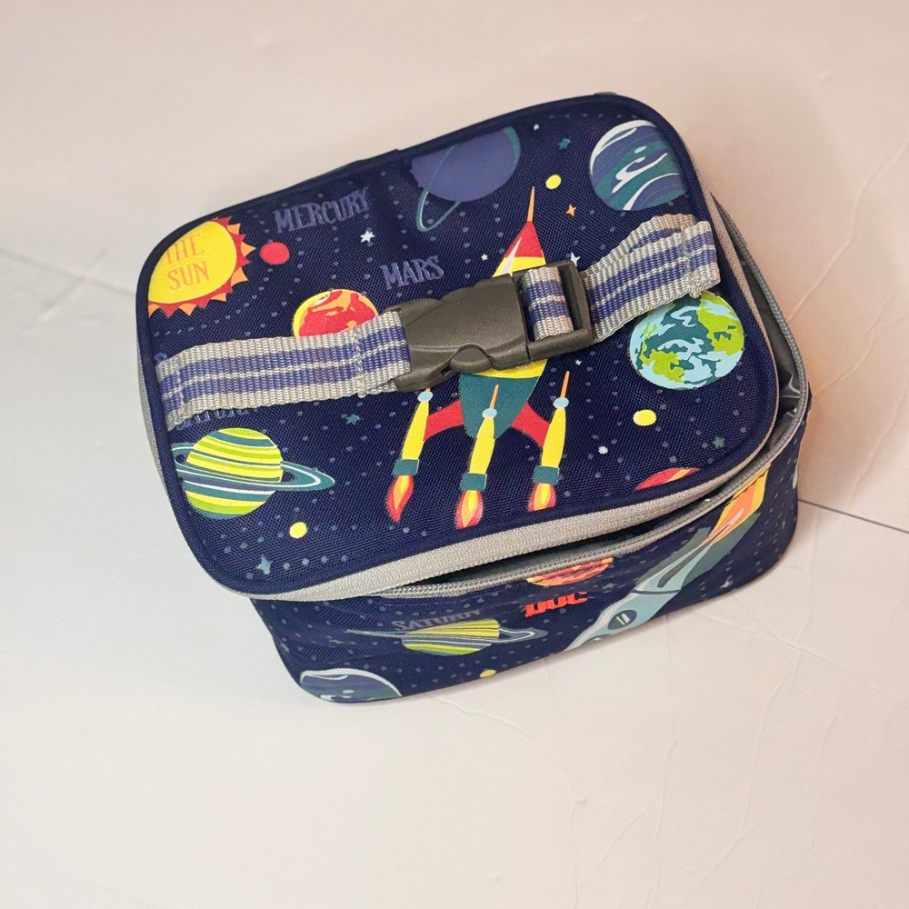 Pottery Barn Kids Space Rocket Ship Insulated Lunch Box Navy Blue Planets DOC‎
